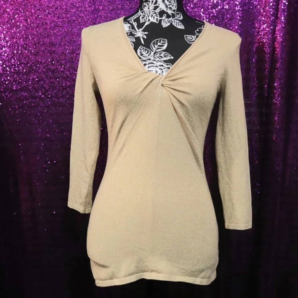 Gold Metallic Knit Top S INC International Concepts Women Twist V-Neck Shimmer